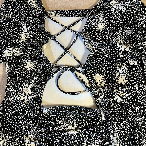 Lush Elegant Black & White Print Dress, M, mid calf length, lace up back - Picture 3 of 9